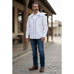 Lerima Western Shirt Embroidered Pearl Snaps Size 42 White W Black Trim